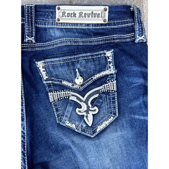 Rock Revival high rise embroidered dark easy skinny jeans size 33x32.5" - Picture 3 of 5